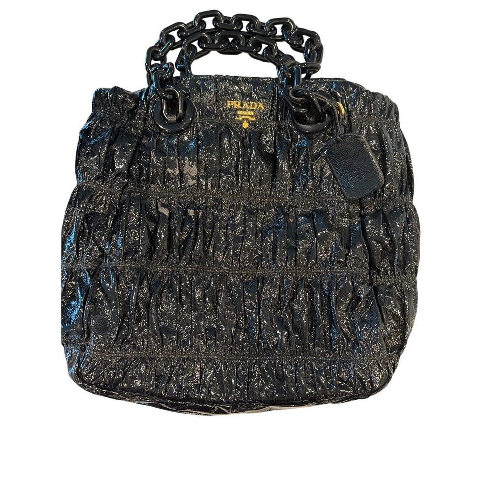 Prada Vernice Gaufre Black Patent Leather Tote Chain Handle Gold Hardware